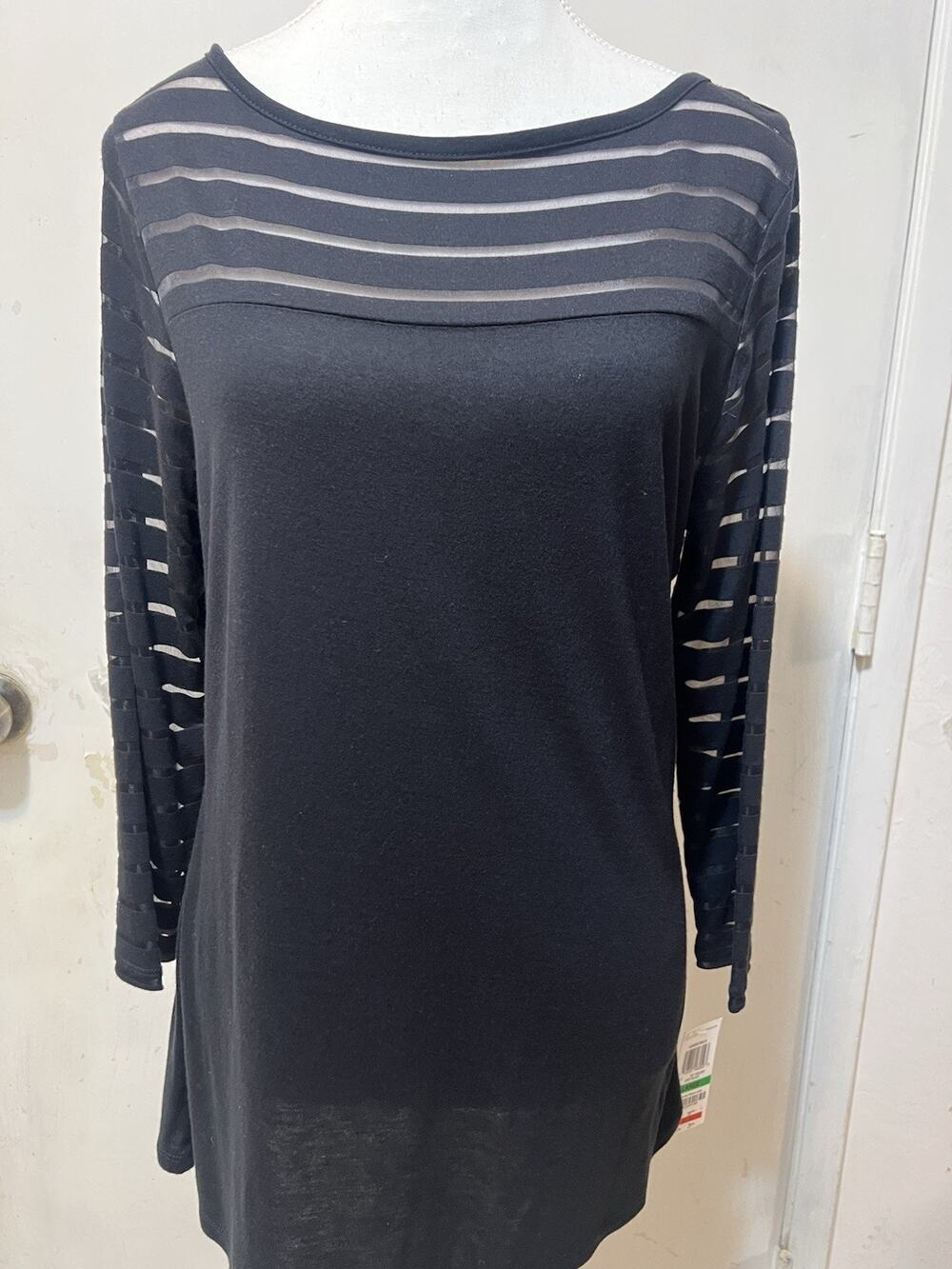 Inc. International Concepts Black Long Sleeve Top Sheer Bodice & Arms Size L NWT